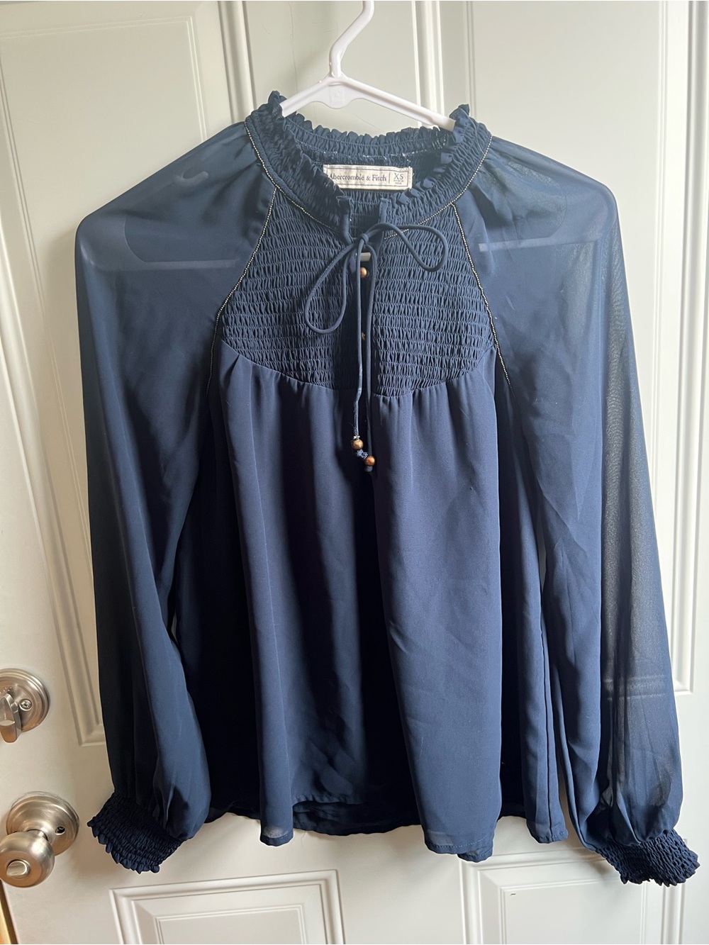 Abercrombie and Fitch Navy Smocked Yoke Sheer Long-Sleeve Blouse XS